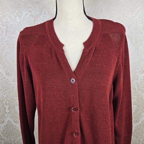 Coldwater Creek Size XL Dark Rust Button Up Cardigan Split Vneck Knit Long Slv - Picture 2 of 14